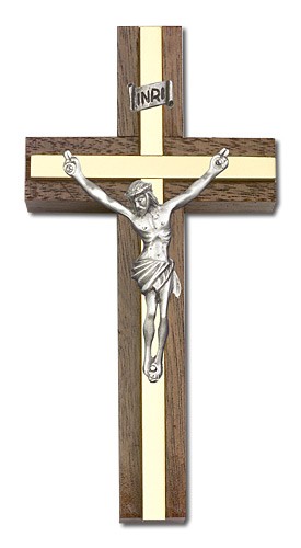 Classic Crucifix Wall Cross in Walnut and Metal Inlay 4&quot; - Two-Tone Gold
