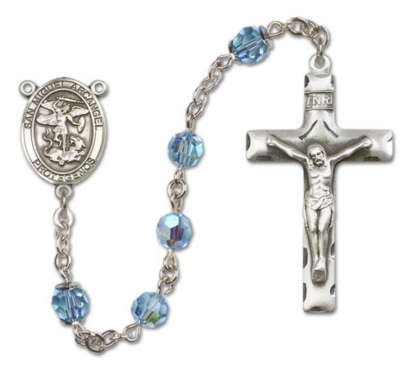 San Miguel the Archangel Sterling Silver Heirloom Rosary Squared Crucifix - Aqua