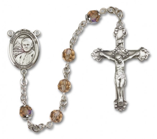 Pope John Paul II Sterling Silver Heirloom Rosary Fancy Crucifix - Topaz