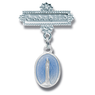 Godchild Baby Pin with Blue Sterling Silver Miraculous Medal - Silver | Blue