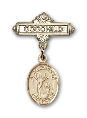 Pin Badge with St. Kenneth Charm and Godchild Badge Pin - Gold Tone