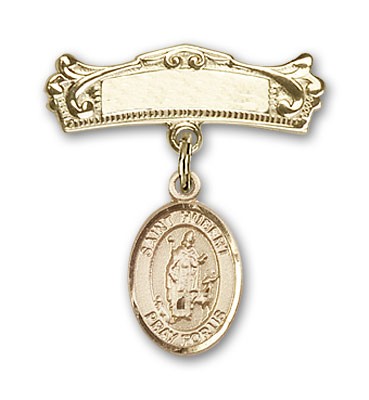 Pin Badge with St. Hubert of Liege Charm and Arched Polished Engravable Badge Pin - 14K Solid Gold