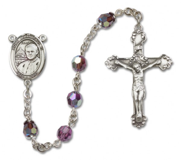 Pope John Paul II Sterling Silver Heirloom Rosary Fancy Crucifix - Amethyst