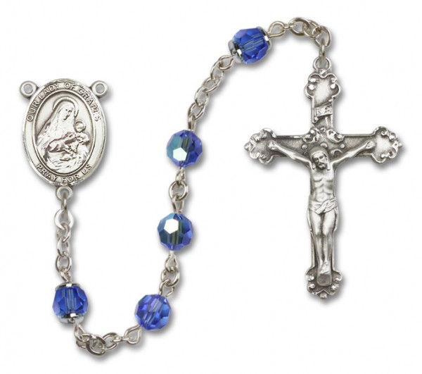 Our Lady of Grapes Sterling Silver Heirloom Rosary Fancy Crucifix - Sapphire