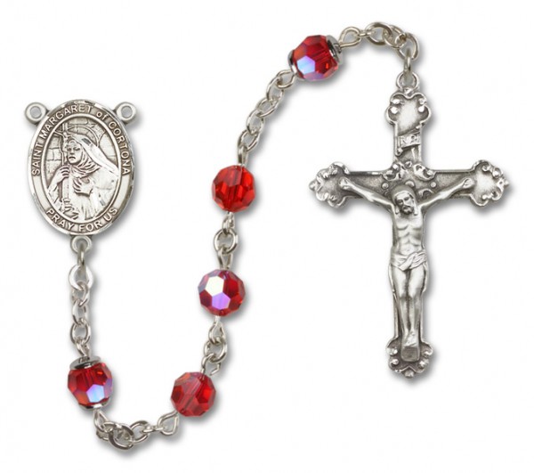 St. Margaret of Cortona Sterling Silver Heirloom Rosary Fancy Crucifix - Ruby Red