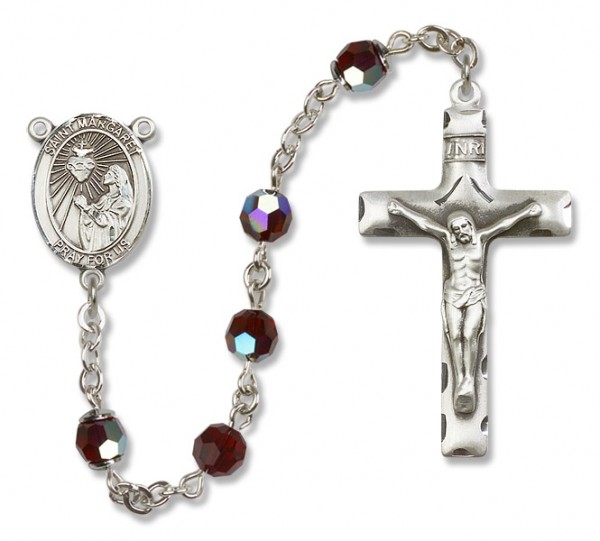 St. Margaret Mary Alacoque Sterling Silver Heirloom Rosary Squared Crucifix - Garnet