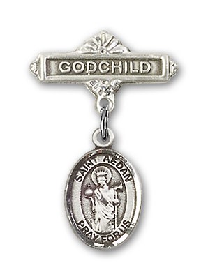 Pin Badge with St. Aedan of Ferns Charm and Godchild Badge Pin - Silver tone