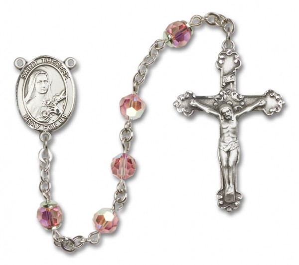St. Therese of Lisieux Sterling Silver Heirloom Rosary Fancy Crucifix - Light Rose
