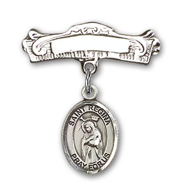 Pin Badge with St. Regina Charm and Arched Polished Engravable Badge Pin - Silver tone