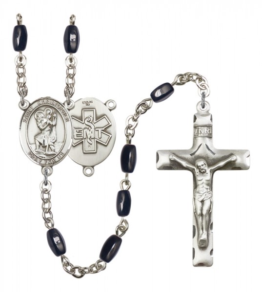 Men's St. Christopher EMT Silver Plated Rosary - Black | Silver