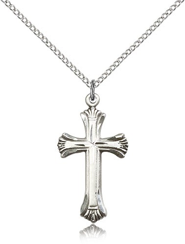 Scalloped Edge Women's Cross Necklace - Sterling Silver