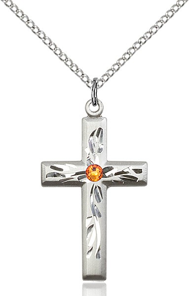 Squared Edge Cross with Vine Etching with Birthstone Options - Topaz