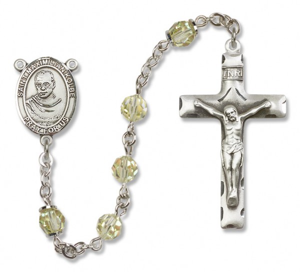 St. Maximilian Kolbe Sterling Silver Heirloom Rosary Squared Crucifix - Zircon