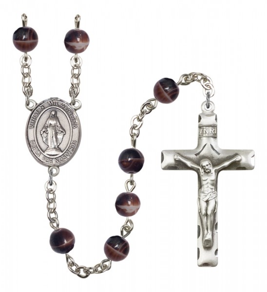 Men's Virgen Milagrosa Silver Plated Rosary - Brown
