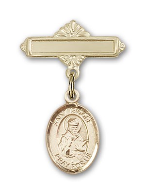 Pin Badge with St. Isidore of Seville Charm and Polished Engravable Badge Pin - 14K Solid Gold