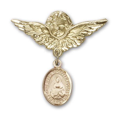 Pin Badge with Marie Magdalen Postel Charm and Angel with Larger Wings Badge Pin - 14K Solid Gold