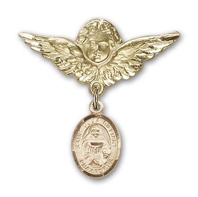 Pin Badge with St. Julia Billiart Charm and Angel with Larger Wings Badge Pin - Gold Tone