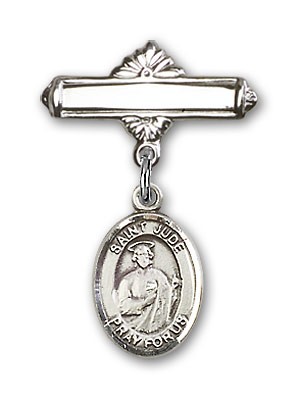 Pin Badge with St. Jude Thaddeus Charm and Polished Engravable Badge Pin - Silver tone