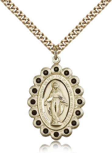 Black Crystal Miraculous Medal Necklace - 14KT Gold Filled