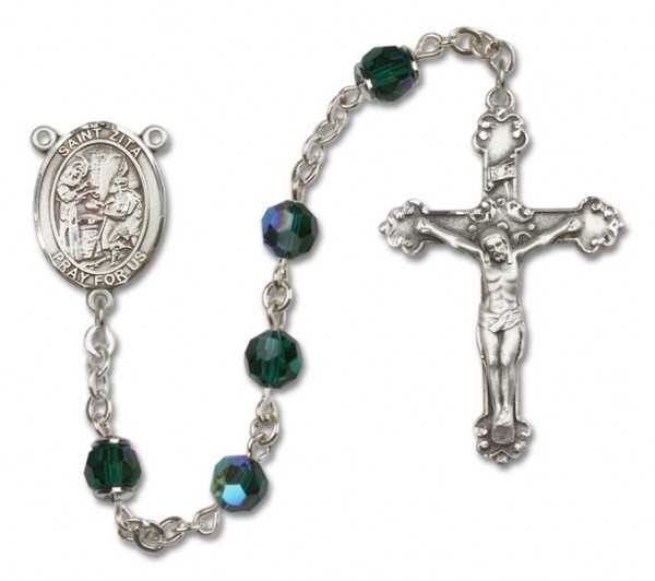 St. Zita Sterling Silver Heirloom Rosary Fancy Crucifix - Emerald Green