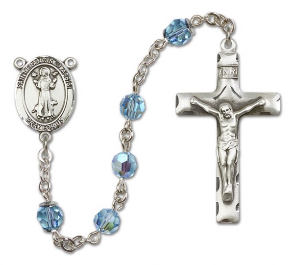 St. Francis of Assisi Sterling Silver Heirloom Rosary Squared Crucifix - Aqua