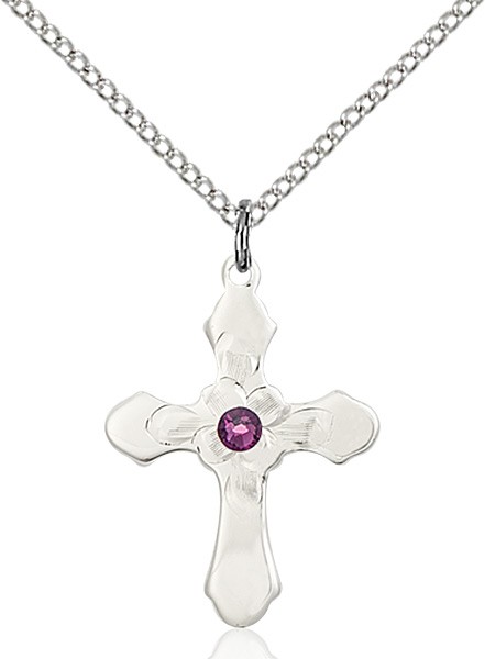 Floral Center Youth Cross Pendant with Birthstone Options - Amethyst