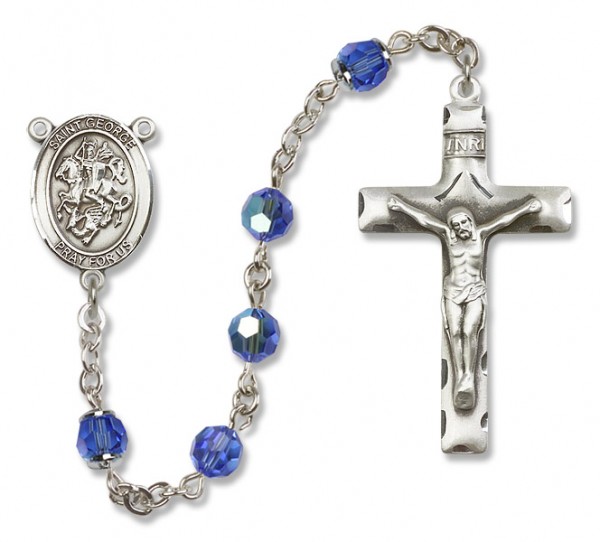 St. George Sterling Silver Heirloom Rosary Squared Crucifix - Sapphire