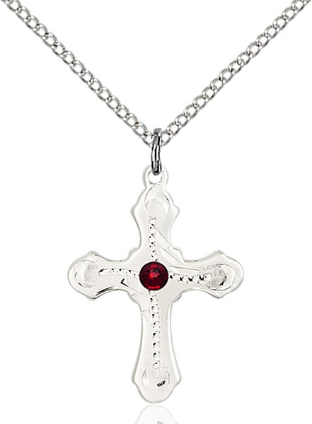 Youth Cross Pendant with Dotted Etching with Birthstone Options - Garnet