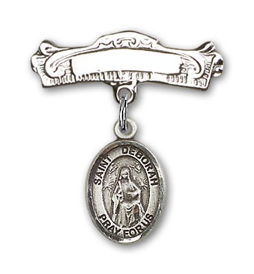 Pin Badge with St. Deborah Charm and Arched Polished Engravable Badge Pin - Silver tone