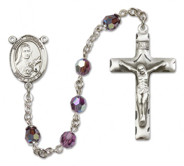 St. Therese of Lisieux Sterling Silver Heirloom Rosary Squared Crucifix - Amethyst