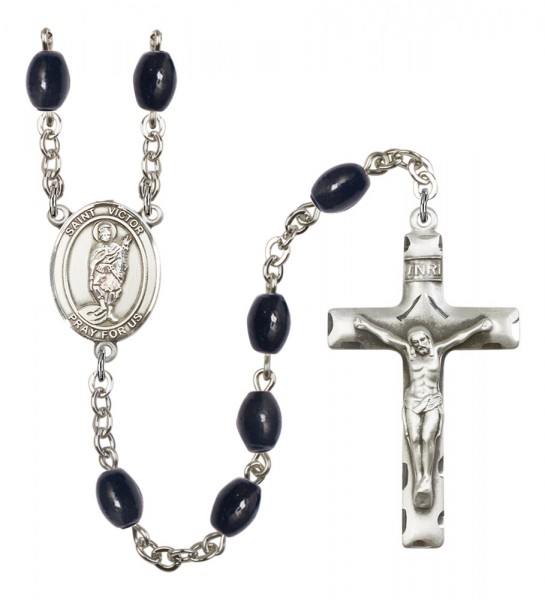 Men's St. Victor of Marseilles Silver Plated Rosary - Black Oval