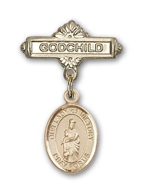 Baby Badge with Our Lady of Victory Charm and Godchild Badge Pin - Gold Tone