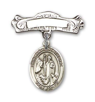 Pin Badge with St. Anthony of Egypt Charm and Arched Polished Engravable Badge Pin - Silver tone
