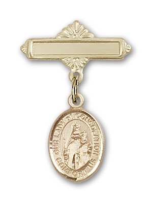 Pin Badge with Our Lady of Consolation Charm and Polished Engravable Badge Pin - Gold Tone
