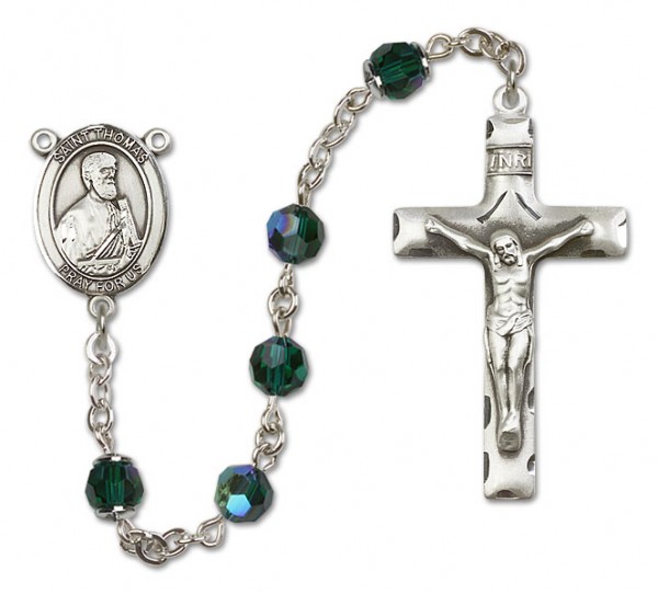 St. Thomas the Apostle Sterling Silver Heirloom Rosary Squared Crucifix - Emerald Green