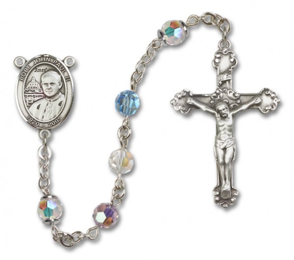 Pope John Paul II Sterling Silver Heirloom Rosary Fancy Crucifix - Multi-Color