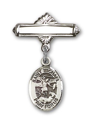 Pin Badge with St. Michael the Archangel Charm and Polished Engravable Badge Pin - Silver tone