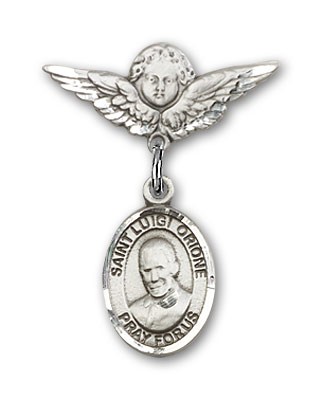 Pin Badge with St. Luigi Orione Charm and Angel with Smaller Wings Badge Pin - Silver tone