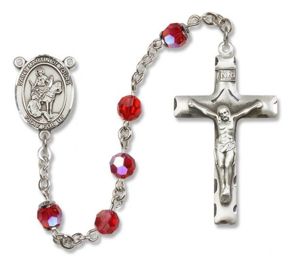 St. Martin of Tours Sterling Silver Heirloom Rosary Squared Crucifix - Ruby Red
