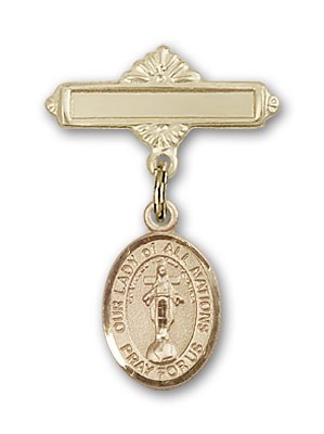Pin Badge with Our Lady of All Nations Charm and Polished Engravable Badge Pin - 14K Solid Gold