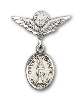Pin Badge with Virgin of the Globe Charm and Angel with Smaller Wings Badge Pin - Silver tone
