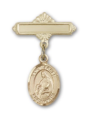 Pin Badge with St. Agnes of Rome Charm and Polished Engravable Badge Pin - 14K Solid Gold