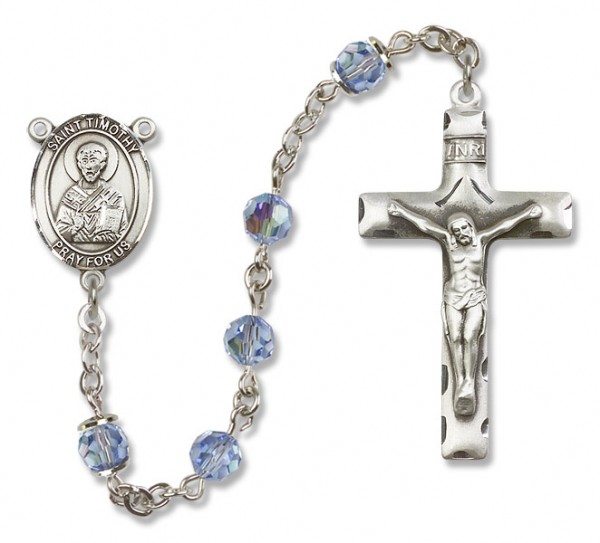 St. Timothy Sterling Silver Heirloom Rosary Squared Crucifix - Light Sapphire