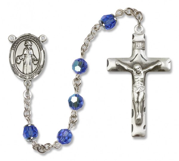 St. Nino de Atocha Sterling Silver Heirloom Rosary Squared Crucifix - Sapphire