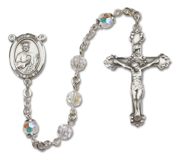 St. Jude Thaddeus Sterling Silver Heirloom Rosary Fancy Crucifix - Crystal