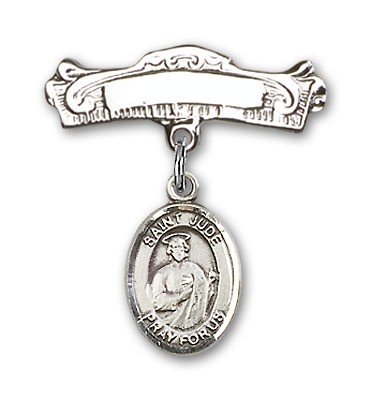 Pin Badge with St. Jude Thaddeus Charm and Arched Polished Engravable Badge Pin - Silver tone
