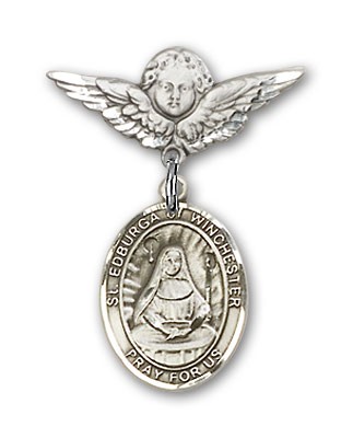 Pin Badge with St. Edburga of Winchester Charm and Angel with Smaller Wings Badge Pin - Silver tone