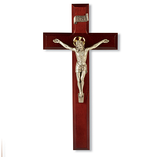 Dark Cherry Crucifix with Antique Silver Corpus - 11 inch - Brown