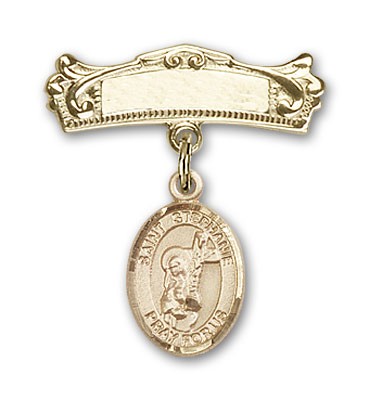 Pin Badge with St. Stephanie Charm and Arched Polished Engravable Badge Pin - Gold Tone