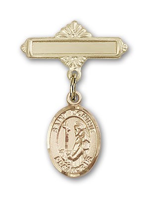 Pin Badge with St. Dominic de Guzman Charm and Polished Engravable Badge Pin - 14K Solid Gold